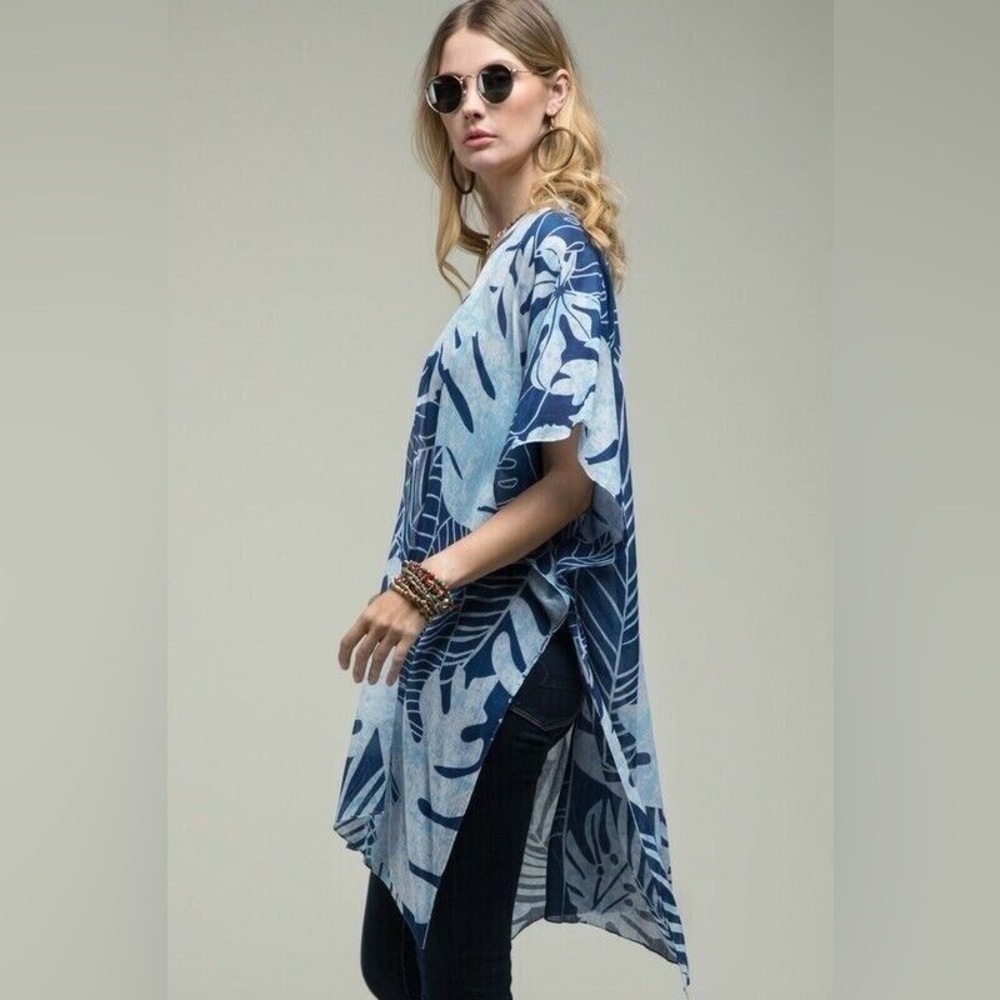 Women's Tropical Leaf Kimono Blue Cover Up One Size - Picture 3 of 5